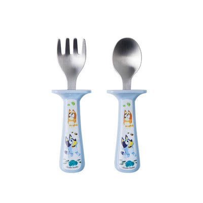 Bluey Toddler Utensils 2Pk featuring a fork and spoon with soft blue handles displaying colorful character designs.