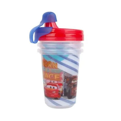 Disney Cars themed sippy cup with a red lid and blue spout, featuring characters on a striped design. 10 oz capacity.