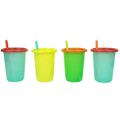 Colorful toddler sippy cups in green, yellow, and blue, each with a straw and a snap-on lid, packaged as a 4 pack.
