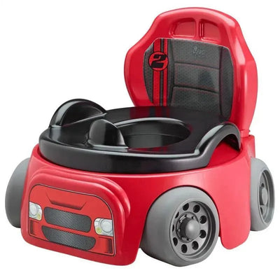 Red racing car-shaped potty with a black top, wheels, and a high backrest, designed for toddler training.