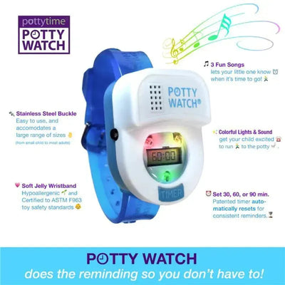 Purple Potty Watch with timer displaying 60:00, stainless steel buckle, and soft jelly wristband; designed to assist potty training.