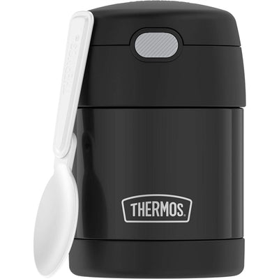 Thermos FUNtainer 10 oz stainless steel food jar in black with a white spoon attached.