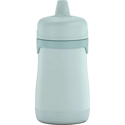 Stainless steel mint sippy cup without handles, designed for children, featuring a spill-proof lid.