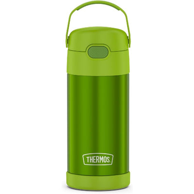 Lime green Thermos FUNtainer stainless steel water bottle, 12 oz, featuring a handle and a secure lid.