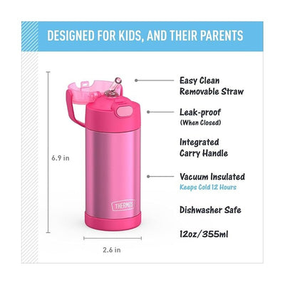 Thermos FUNtainer 12 oz stainless steel water bottle in pink, featuring a removable straw, leak-proof design, and carry handle.