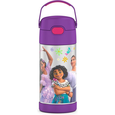 Stainless steel 12 oz water bottle with purple lid featuring characters from Encanto and colorful floral designs.