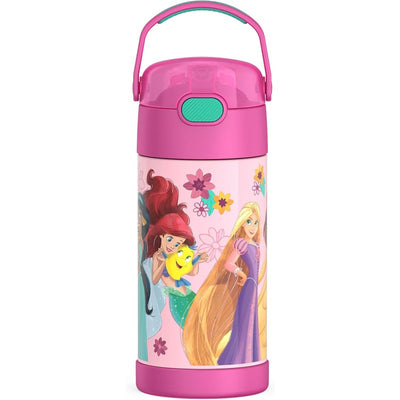 Stainless steel pink water bottle featuring Disney Princesses Ariel and Rapunzel, with colorful floral designs.