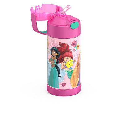Thermos FUNtainer 12 oz stainless steel water bottle featuring Disney Princesses on a pink background and a flip-top straw.