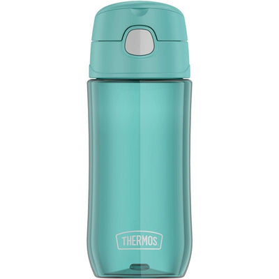 Thermos plastic water bottle in aqua color, 16 oz capacity, featuring a flip-top lid and the THERMOS logo.