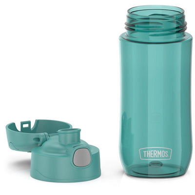 Aqua Thermos plastic water bottle, 16 oz, with a removable cap, featuring a flip-top spout for easy drinking.