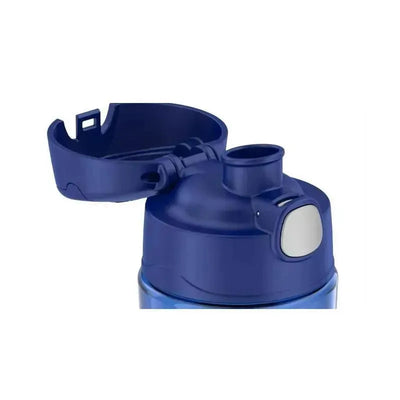 Thermos Plastic Water Bottle 16 oz with a blue lid, featuring a pop-up spout and a secure closure.