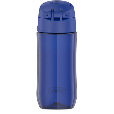 Thermos Plastic Water Bottle, 16 oz capacity, in Blueberry color with a secure flip-top lid and logo visible.