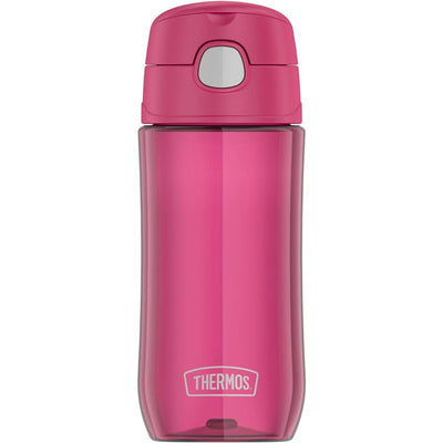 Thermos 16 oz plastic water bottle in raspberry color with a flip-top lid and visible brand logo.