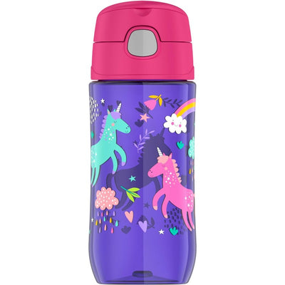Thermos 16 oz plastic water bottle in purple featuring colorful unicorn illustrations and a pink lid.