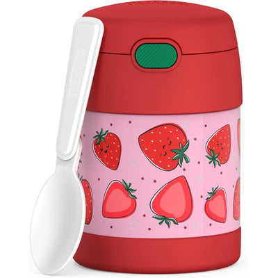 Thermos FUNtainer 10 oz food jar featuring a pink body with strawberry designs and a red lid, includes a white spoon.