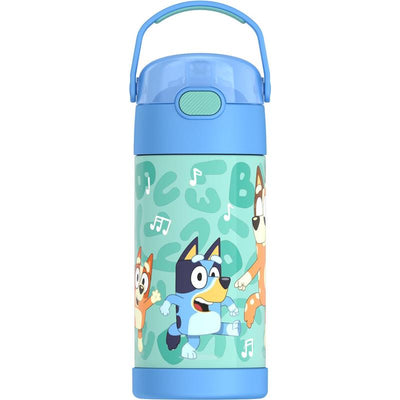Stainless steel vacuum insulated water bottle for kids featuring Bluey characters, colorful design, and a light blue lid.