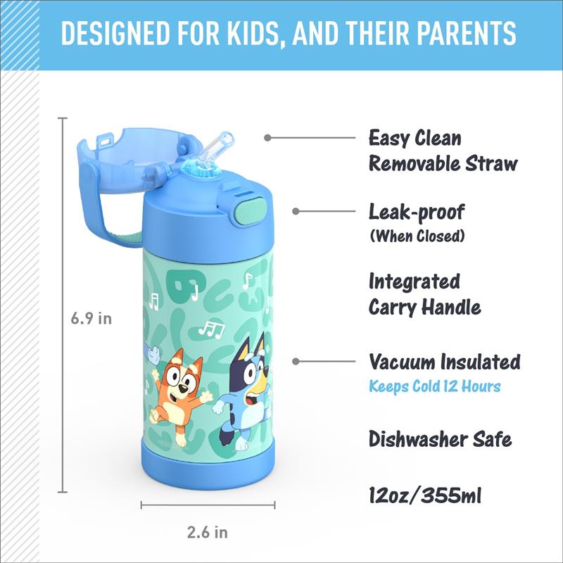 THERMOS FUNTAINER 12Oz Kids Stainless Steel Vacuum Insulated Water Bottle with Lid, Bluey Image 2