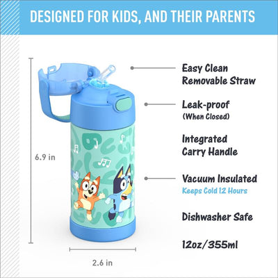 THERMOS FUNTAINER 12oz kids water bottle in blue, featuring removable straw, leak-proof design, and character graphics.