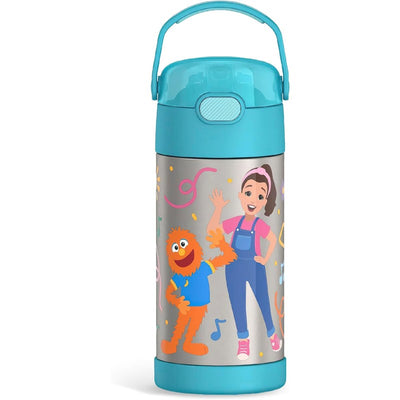 12oz stainless steel insulated water bottle featuring Ms. Rachel and a cartoon character, designed for kids.