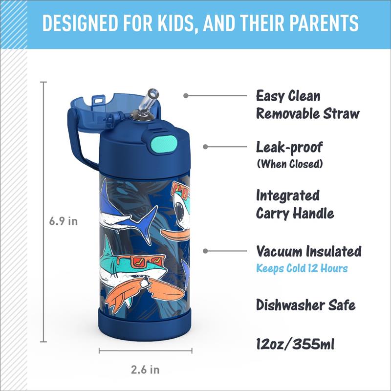 THERMOS FUNTAINER 12Oz Kids Stainless Steel Vacuum Insulated Water Bottle with Lid, Surfin Sharks Image 2