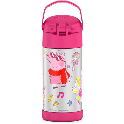 Thermos FUNtainer 12 oz water bottle featuring Peppa Pig in sunglasses and a scarf, with colorful patterns and designs.
