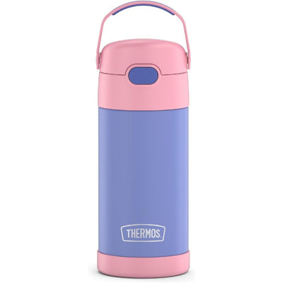 Thermos FUNtainer 12 oz stainless steel water bottle in purple and pink with a carrying handle and blue push-button lid.