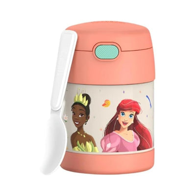 Thermos FUNtainer 10 oz food jar featuring Disney Princesses Tiana and Ariel, with a pink lid and included spoon.