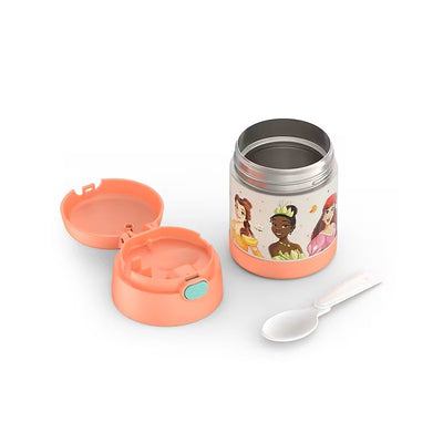 Stainless steel food jar featuring Disney Princess designs, with an orange lid, a spoon, and a 10 oz capacity.