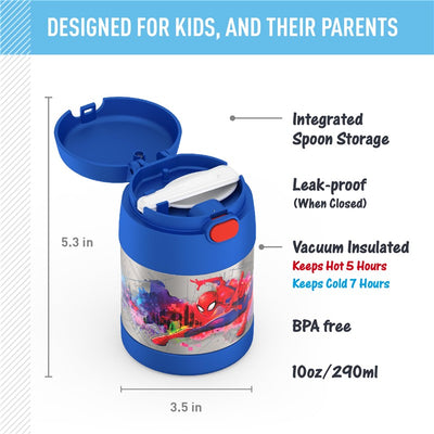 Thermos FUNtainer 10 oz food jar featuring Spider-Man graphics, blue lid, integrated spoon storage, and vacuum insulation.