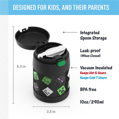 Thermos FUNtainer 10 oz food jar with Minecraft design, features integrated spoon storage, leak-proof cap, and vacuum insulation.