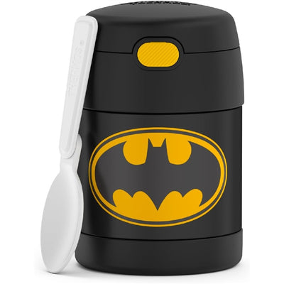 Thermos FUNtainer 10 oz food jar with a black body and yellow Batman logo, includes a white spoon.