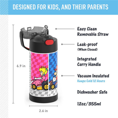Stainless steel 12 oz Thermos FUNtainer water bottle featuring Mario and Princess Peach in a racing design, with a removable straw and carry handle.