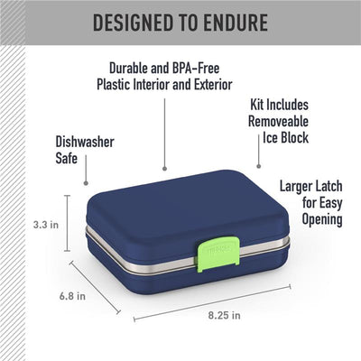 THERMOS Kids Freestyle Food Storage Lunch Kit in navy, featuring BPA-free plastic, removable ice block, and dishwasher-safe design.