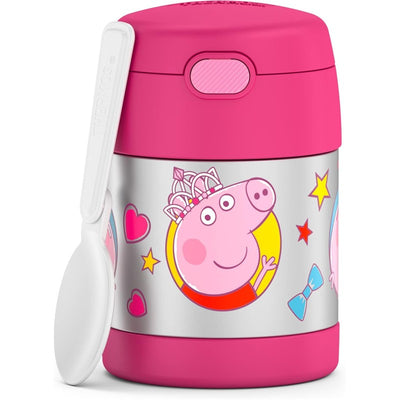Thermos FUNtainer 10 oz food jar featuring Peppa Pig design, with a vibrant pink lid and included white spoon.