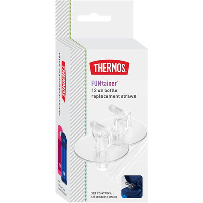 Replacement straw set for Thermos FUNtainer bottles, includes two clear straws packaged with specifications.
