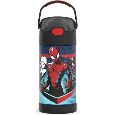 Thermos FUNtainer 12 oz stainless steel water bottle featuring Spider-Man and other characters in vibrant colors.