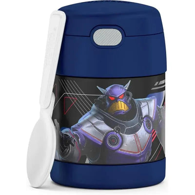 Stainless steel vacuum insulated food jar with a blue design featuring a character and a white spoon.