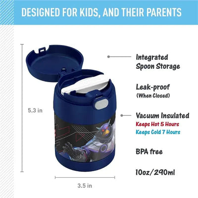 Stainless steel vacuum insulated food jar with integrated spoon, 10 oz capacity, featuring Lightyear design, leak-proof.