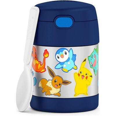 Thermos FUNtainer 10 oz food jar featuring colorful Pokémon characters and a white spoon on the side.