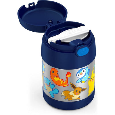 Stainless steel food jar featuring Pokémon characters, with a blue lid and white spoon, 10 oz capacity.