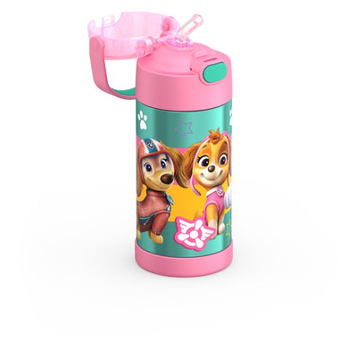 Stainless steel water bottle featuring Paw Patrol characters, Skye and Everest, against a colorful background.