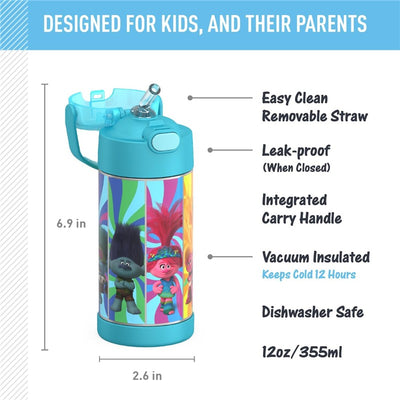 Thermos FUNtainer 12 oz stainless steel water bottle with Trolls characters, featuring a removable straw and carry handle.