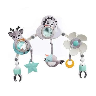 Black and white stroller arch with plush animal toys, visual stimulation elements, and interactive features for infants.