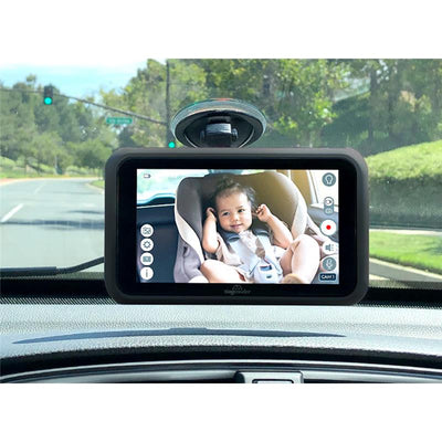 AI Smart Baby Monitor displays a happy baby in a car seat with visible buttons for monitoring functions.
