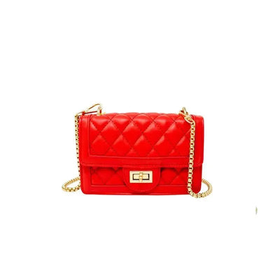 Classic quilted red handbag featuring a large flap, gold chain strap, and a decorative clasp.