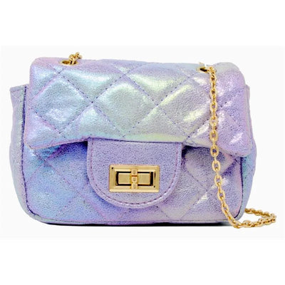 Classic quilted mini bag in shiny purple with a gold clasp and chain strap, perfect for carrying small essentials.
