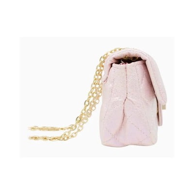 Classic quilted mini bag in shiny purple with a gold chain strap. Ideal for carrying small essentials.