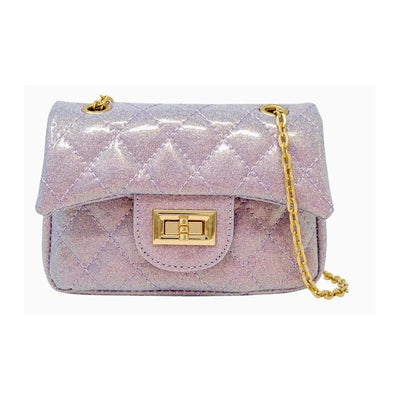 Classic quilted mini purse in baby purple with a gold chain strap and shiny finish.