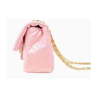 Classic quilted mini purse in baby purple with a gold chain strap, featuring a stylish design and shiny finish.