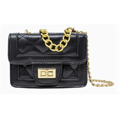 Black quilted mini purse with a gold chain strap and clasp, designed for carrying small essentials.